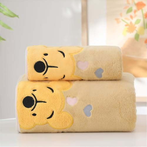 Wanym Kids Towels Bath Set, Quick Dry Reusable Face Towel, Absorbent and Soft Household Washcloth, Children Cartoon Bath Towel, Thickened Coral Fleece Bath Towel for Bath Time,Yellow,Towel+Bath Towel