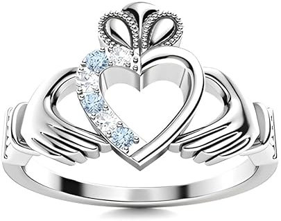 Aquamarine Round 2.00mm Claddagh Ring | Sterling Silver 925 With Rhodium Plated | Beautiful Design Claddagh Promise Ring (White, 61)