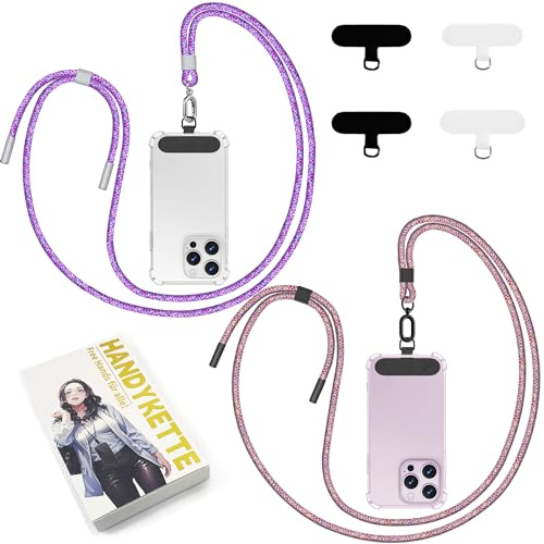 Qyoocom Handykette Universal für alle Smartphones,2 Stück Schlüsselband Kette zum Umhängen mit 4 Universelles Pad,Einstellbar und Abnehmbar. (Rot Camouflage+Lila Camouflage)