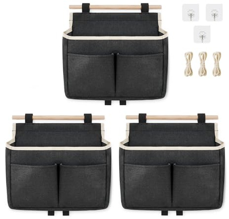 3 Stück Hängeorganizer Hängetasche, Aufbewahrungstasche Hängend, Wand Hängeaufbewahrung, Leinen Stoff Organizer Hängend, Wandorganizer mit Haken für Home, Office, Bad, Kinderzimmer (Schwarz)