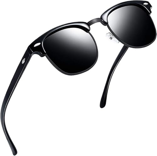grinderPUNCH Schwarze Sonnenbrille Mit Super Dunklen Polarisierten Gläsern Polarisierte Halbrahmen Unisex Herren Damen Klassische Retro UV400 Schutz Rechteckig