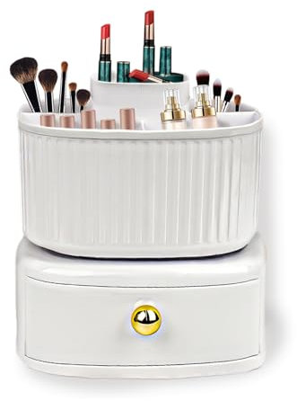 Teaque 360°Drehbarer Pinsel Organizer, Kosmetik Make Up Organizer, Kosmetikregal Kosmetik Organizers mit Aufbewahrung, Schminke Aufbewahrungssystem für Zimmer Decor Frisiertisch,Schlafzimmer,Bad(Weiß)