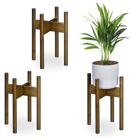 Relaxdays Bambu Växtställ, set om 3, krukor inomhus, blomkrukor upp till D: 20 cm, blomkrukshållare, brun