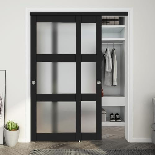 JUBEST 60x 80 Sliding Closet Door, 3-Lite Frosted Glass Bypass Door with Hardware Kit & Matching Fascia, Pre-Drilled MDF Panel with Water-Proof PVC Surface, Easy to Install, Black