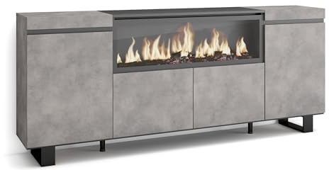 Skraut Home | Sideboard, Highboard | Kommode, Komodenschrank | 210 | 4 Türen | Elektrokamin XXL | Industriedesign | Moderner Stil | Zement