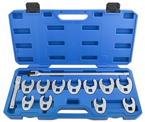 Gunpla Jeu de 13 Clés à Fourche Crowfoot 1/2 Métrique 20-32mm en Acier Chrome-Molybdène avec Rallonge & Poignée Articulée, Clé Pied de Biche Professionnelle