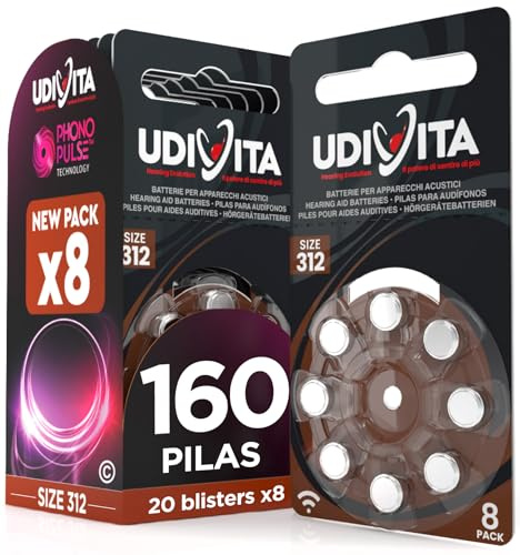 160 Pilas para Audífonos Tamaño 312 Udivita PR41 (Marrón) Zinc-Aire Hearing Evolution - 20 Blísteres de 8 Pilas
