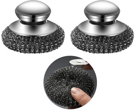 BRTNUP 2 pcs Steel Wool Scrubber, Stainless Steel Scourers with Handle, Heavy Duty Scrubbers for Dishes, Pots, Pans, Grills, Sinks