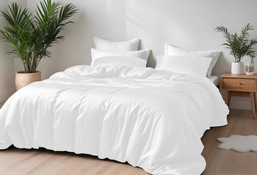 LINENWALAS Bambus-Bettwäsche-Set, Premium-Bettbezug-Set aus Bambus-Seide mit Kissenbezug, 4-teiliges Bettwäsche-Set 135x200 cm und 2 Kissenbezüge, weicher, kühlender Bettbezug (Weiß)