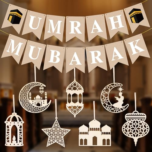iZoeL Wooden Umrah Mubarak Decorations for Home 15pcs Umrah Mubarak Banner 7pcs Wooden Umrah Hanging Ornaments for Islam Home Wall Decor - Celebrate the sacred journey of Umrah