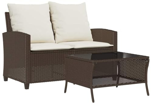 vidaXL Gartensofa 2-Sitzer mit Kissen & Tisch Braun Poly Rattan, Outdoor Sofa, Terrassensofa, Zweisitzer Gartensofa, Garten Sofa, 116 cm x 72 cm x 79 cm