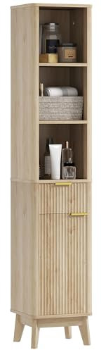 HOMCOM Mueble de Baño Estrecho Columna de Baño con Puerta de Acanalado Cajón 3 Compartimentos Abiertos y Estantes Ajustables 33x30x170 cm Natural