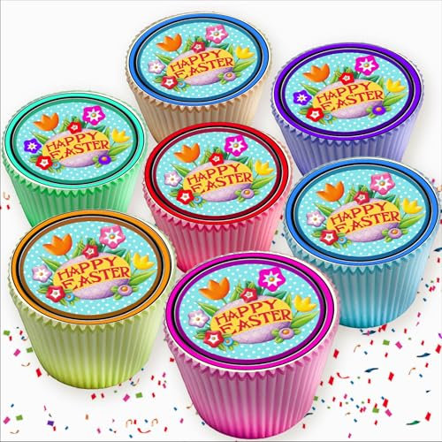 24 x HAPPY EASTER EDIBLE ICING 4.5 cms CUPCAKE TOPPERS DECORATIONS 7521