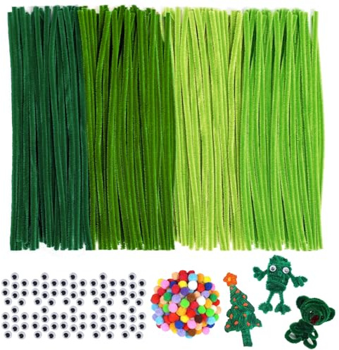 LHOEST Pfeifenputzer zum Basteln Grün 600 Stück Grüne Pfeifenputzer Blumen Pfeifenreiniger zum Basteln Grün Chenilledraht Blumen Set Pfeifenreiniger DIY Green Pipe Cleaner Flower Set Pipecleaner