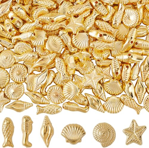 SUNNYCLUE 1 Box 100G Ozeantierperlen Gold Muschelperlen Kunststoff Glänzend Meeresfische Muschel Seesterne Klein Sommer Strandleben Lose Abstandshalter Für Schmuckherstellung Basteln DIY Halskette Ohr