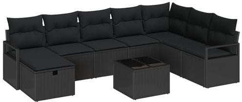 vidaXL 9-delad trädgårdsoff-set med kuddar svart poly rattan, vidaXL 2-sits trädgårdsoffa med kuddar svart poly rattan