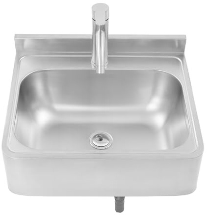 Lavabo de pared de acero inoxidable, 48 x 39 x 20 cm, lavabo con grifo, lavabo de mano, lavabo de pared para caravanas, bares, hoteles, cafeterías