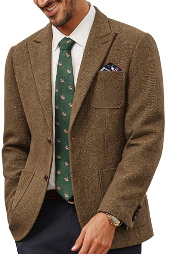 PJ PAUL JONES Giacca da uomo a 2 bottoni in tweed di lana, blazer britannico regular fit, giacca da completo business per uomini, marrone, XL