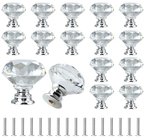Diamond Shaped Crystal Cabinet Knobs - 16 Pcs Aluminum Alloy Crystal Glass Knobs with Long Screws, Cupboard Handles, Kitchen Door Handles, Pull Handle for Furniture Cabinet Bathroom Kitchen Office
