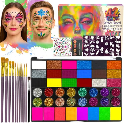 Jiaoshou Pan Pittura corporea,42 Colores Truccabimbi Kit Anallergici Atossici,Colori Tavolozza Trucco Bambino,Perfetto per Halloween, carnevali, Natale e feste per bambini.