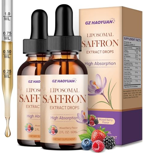 GZ HAOYUAN Liposomal Saffron Supplements, 89 mg Saffron Extract Liquid Drops with Ashwagandha, Turmeric, Vitamin A & D3 for Antioxidant, Immune, Mood, Energy, Focus & Sleep, Mixed Berry Flavor 4 Fl Oz