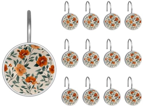 Lot de 12 crochets ronds décoratifs pour rideau de douche, jolies fleurs oranges avec feuilles vert sauge antirouille pour tringles de douche et doublure