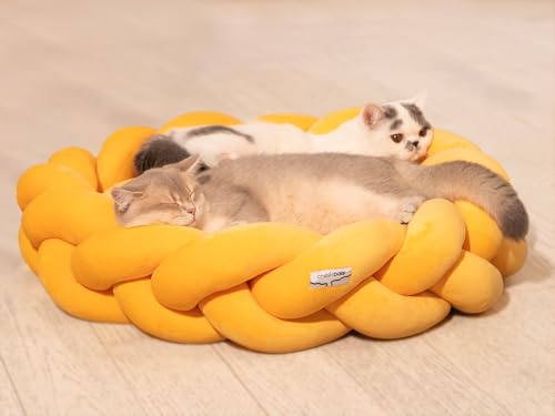 CheerPals Fully Detachable Chunky Knit Cat Bed with Winter Warm Soft Pad, Machine Washable Braided Short-pile Pet Bed for Indoor Cats and Small Dogs, Anti-Collapse Support, 60x60x17cm