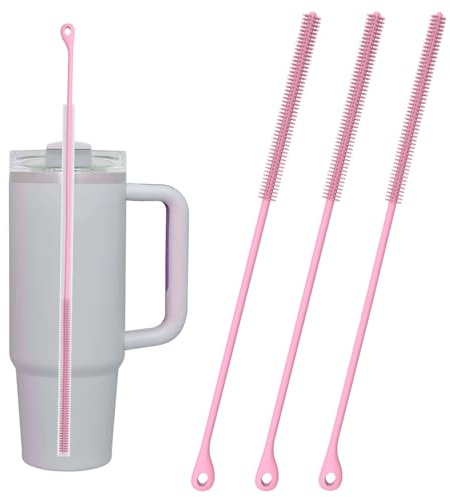 SYEYCW 3 Pcs Silicone Straw Cleaner Brush, 24cm Extra Long Reusable Hanging Cleaning Brush, Bendable Crevice Brushes, Drinking Straw Washing Cleaner, for Glass Straws, Slim Pipe Tube, 6mm, 9mm, Pink