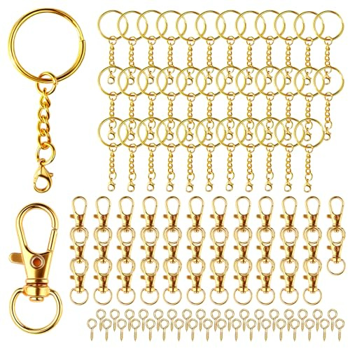Anneau Porte Clé Attache Porte avec Chaîne Mousqueton Clé Lot Crochet Porte Clef Kit Boucle Keychain pour Diy Bricolage Bijoux Support Perle Porte Clé Sacs Décor Doré，105Pcs