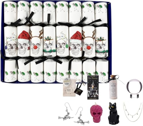 Dark Side of Christmas Crackers - Set of 8 Christmas Skull Christmas Crackers - with themed gifts, adjustable hats and badges