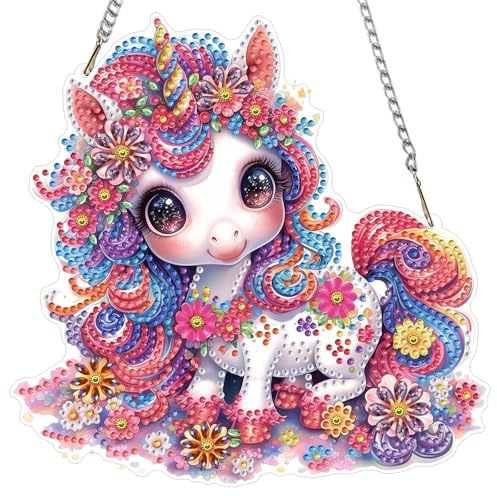 AIRDEA DIY Cute Unicorn Diamond Art Ornament Kit for Adults, Double-Sided Colorful Flowers Diamond Painting Hanging Kit, DIY Acrylic Special Shaped Drills Hanging Suncatcher