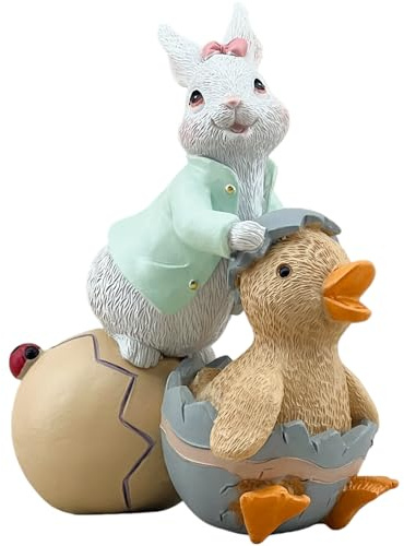 Big Stone Art Bunny Statue Decor Resin Rabbit Figurines with Easter Egg Duck Sculptures Decorative for Birthday Party Supplies Home Garden Outdoor Statues, Yard Garden Decorations (White)