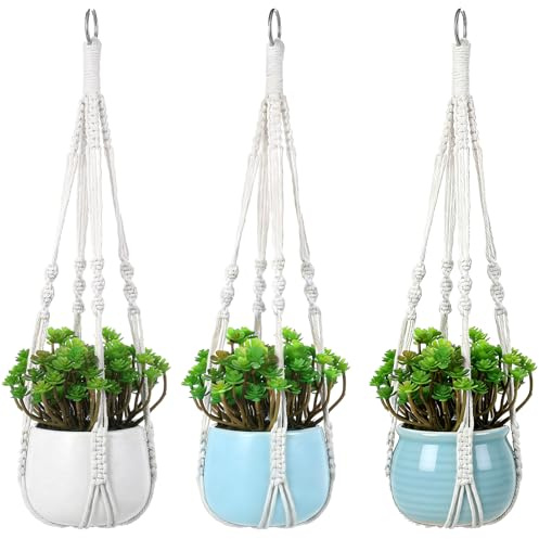 Thinp 3 Pack Macrame Plant Hanger Indoor Hanging Plant Holder with Decorative Wood Beads 21 Inch No Tassels Hanging Planters for Indoor Plants Boho Home Decor (Pots Not Included)