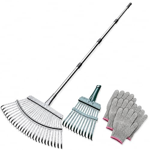 Rastrello da giardino a 25 + 11 denti, con manico in metallo, manico regolabile in 4 pezzi (parte UN: 40-45 cm), lama resistente, rastrello da giardino per foglie, prato, terra, con 4 guanti