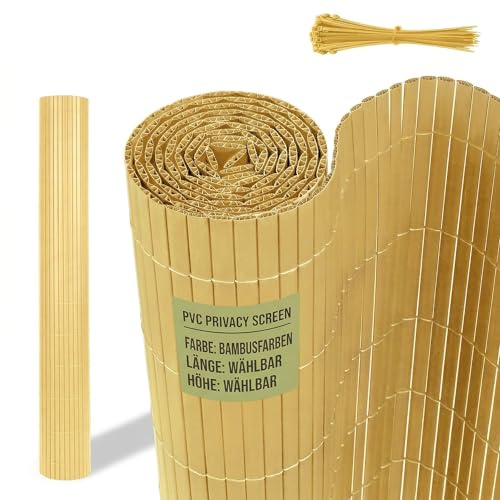Suusolny PVC Sichtschutzmatte 90x800CM(HxL),Wetterfest Gartensichtschutz W-Struktur Sichtschutzzaun für Außen Garten, Balkon und Terrasse Mit Kabelbindern,Bambusfarben