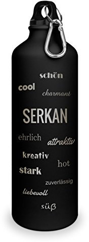 Trinkflasche mit Namen Serkan - graviert mit Positive Eigenschaften, Aluminiumflasche mit Gravur, Sportflasche - matt schwarz