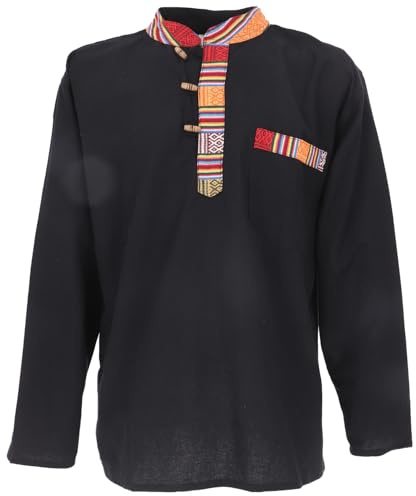Guru-Shop, Camicia da Pescatore Etno Nepalese, Camicia Goa, Nera, Cotone, Dimensione Indumenti:L, Camicie