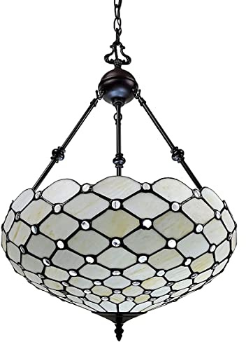 Amora Vintage Tiffany Style Ceiling Lamp - 18” x 9” White Jeweled Stained Glass Chandelier Lighting - Antique Dining Room Light Fixtures Ceiling