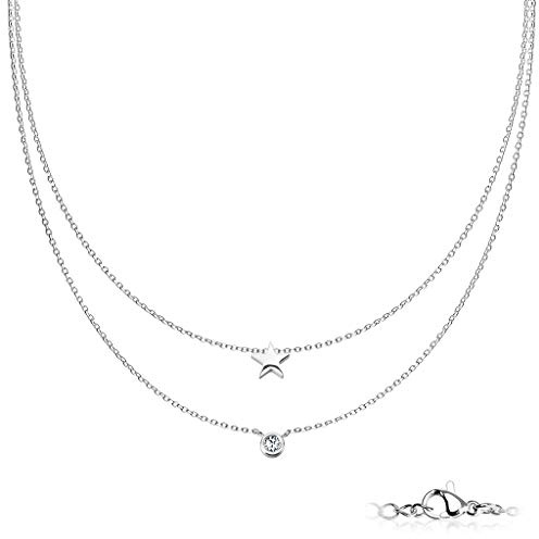 beyoutifulthings Hals-Kette Stern Zirkonia Anhänger Doppel Layerd 2-lagig Damen-Halskette Schmuck Collier Edelstahl Gold Roségold Silber 450mm