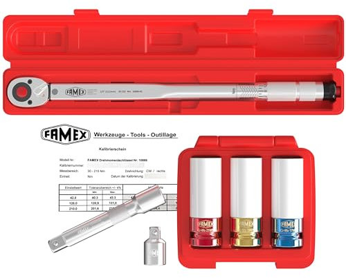FAMEX 10886-3N-KS Drehmomentschlüssel 1/2 (12,5mm) - 30-210 Nm mit Kalibrierschein - Toleranz +/-3% - hochbelastbare Schoneinsätze schlagfest - für Radschrauben an Auto PKW Van