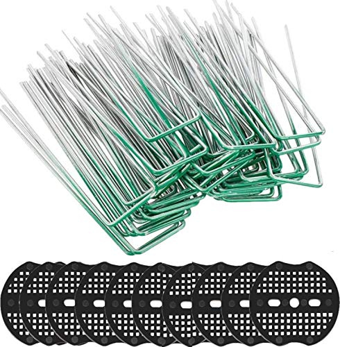 KAHEIGN 50Pcs Garten Heringe Erdanker für Unkrautvlies, 15CM U-förmige Erdnägel aus Stahl, Stabile Bodenanker zur Befestigung von Unkrautflies, Zeltheringe Erdspieß mit Pufferscheibe (grün)