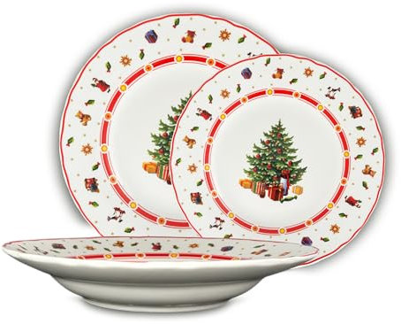 ARCA, Set 18 Piatti Natalizi, Servizio piatti per 6 in Porcellana, per Lavastoviglie e Microonde, Resistenti e Duraturi, Decoro con Albero di Natale, Idea Regalo, in Diverse Misure
