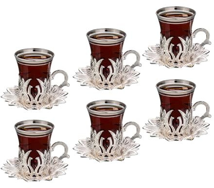 LaModaHome Silver Tea Set of 6 - Includes 6 Glasses, 6 Saucers Holders - VIP Special Serving Turkish Tulip Arabic, Moroccan Coffee Sets - Machine Washable Cup, Mug (Silver)