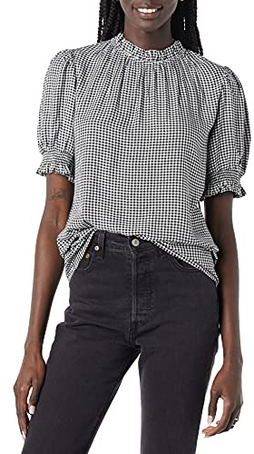 Amazon Essentials Blusa Chemisier Corta con Maniche A Sbuffo in Twill Fluido Donna, Nero Bianco Mini Percalle, XL