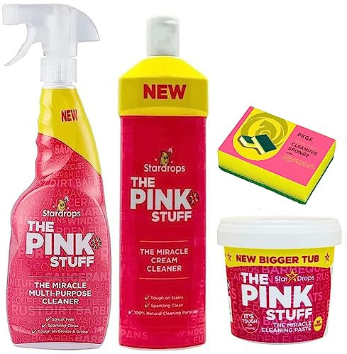 PKGE 850g Pink Stuff Cleaning Paste Non-Toxic with 750ml Pink Stuff Spray & 500ml Cream Cleaner Multipurpose Household Bathroom Cleaner- Includes 1x Cleaning Sponge