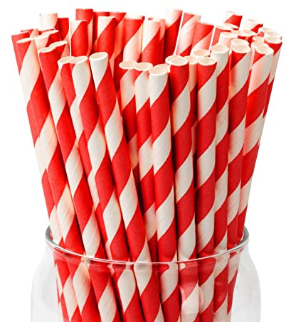 PakTalk 100 Pack Red Straws, Disposable Red and White Biodegradable Paper Striped Straws for Cocktail, Milkshake, Coffee, Lemonade (0.24 x 7.75)