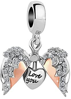 KunBead Jewelry Rose Gold Tone Crystal Openable Angel Wing Heart I Love You Dangle Charms Compatible with Pandora Bracelets Necklaces for Women