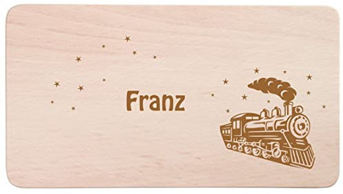 minimutz Frühstücksbrettchen für Kinder mit Namensgravur | Personalisiertes Brotzeitbrett Holz-Brett mit Lokomotive & Name | Persönliche Geschenk-Idee für Jungen