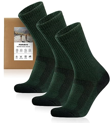 FORVEVO Merino vandringsstrumpor män kvinnor 3 par, 60 % ullstrumpor män vadderade, termiska vinterstrumpor, sportstrumpor för vandring utomhus, Grön, 39-42 EU