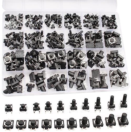 RUNCCI-YUN 250 Piezas 20 Valores Interruptor de Botón Táctil Micro Kit de Surtido de Tacto Momentáneo Micro Interruptor,4 Pines Botón pulsador táctil (6 X 6mm,12 X12mm) Utilizado para PCB